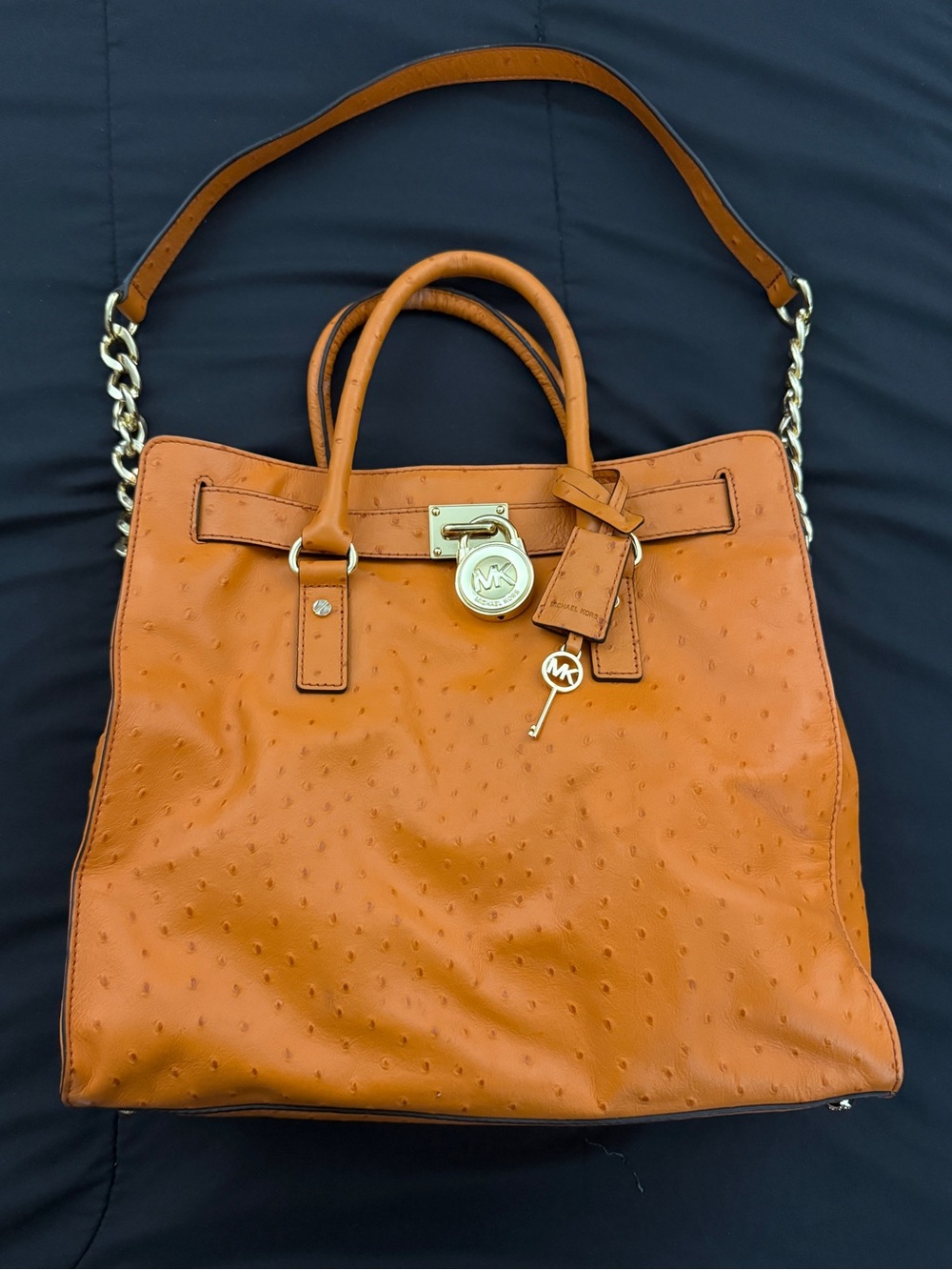 Michael Kors Orange Ostrich LeatherHamilton Tote Bag with Chain Strap